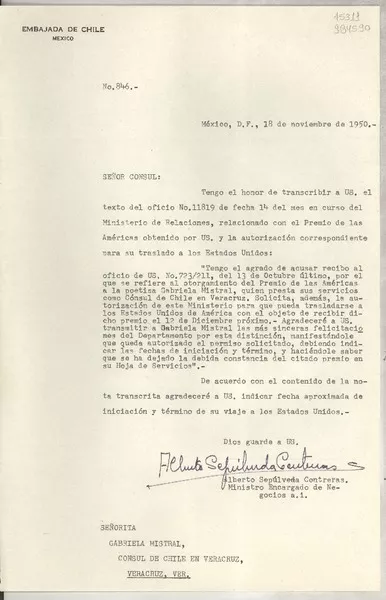 [Oficio] N° 846, 1950 nov. 18, México D. F. [a] Gabriela Mistral, Cónsul de Chile, Veracruz  [manuscrito] Alberto Sepúlveda Contreras.