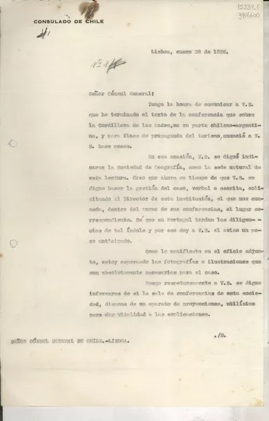 [Oficio] N° 1, 1936 ene. 28, Lisboa, [Portugal] [a] Señor Cónsul General de Chile, Lisboa  [manuscrito] Gabriela Mistral.