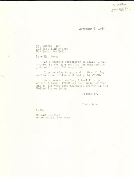 [Carta] 1965 nov. 6, New York, [Estados Unidos] [a] mr. Quincy Howe, New York, [Estados Unidos]  [manuscrito] Doris Dana.