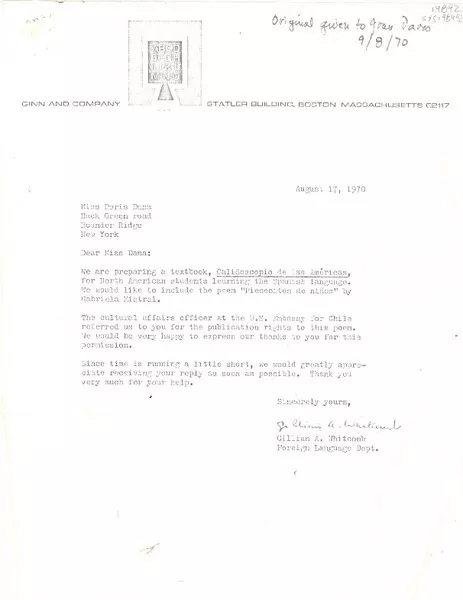 [Carta] 1970 aug. 17, [Boston, Massachusetts, Estados Unidos] [a] Doris Dana, New York, [Estados Unidos]  [manuscrito] Gillian A. Whitcomb.