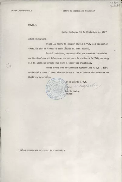 [Oficio] N° 734, 1947 dic. 18, Santa Barbara, [Estados Unidos] [al] Señor Embajador de Chile en Washington  [manuscrito] / Lucila Godoy.