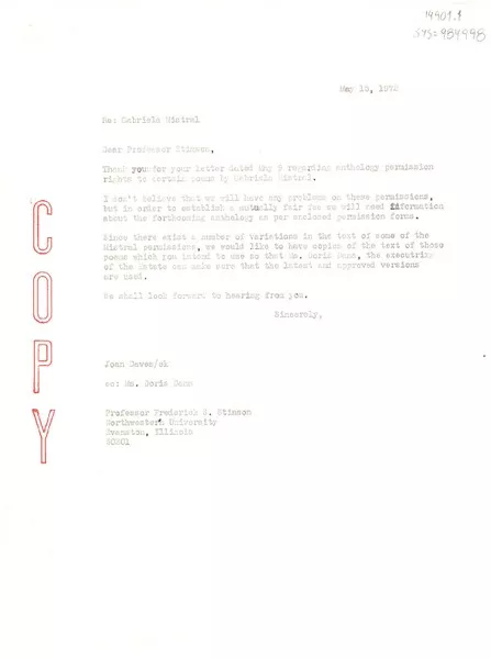 [Carta] 1972 may 15, [Estados Unidos] [a] , Frederick S. Stimson, Evanstone, Illinois, [Estados Unidos]  [manuscrito] Joan Daves.