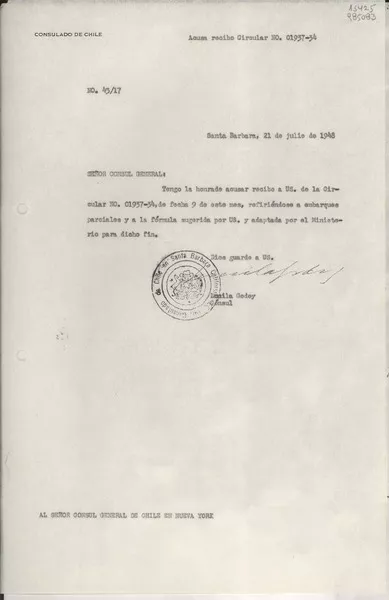 [Oficio] N° 4517, 1948 jul. 21, Santa Barbara, [EE.UU.] [al] Señor Cónsul General de Chile en Nueva York, [EE.UU.]  [manuscrito] / Lucila Godoy, Cónsul.