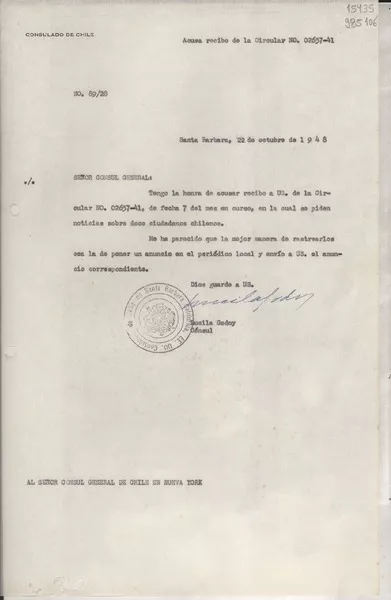 [Oficio] N° 8928, 1948 oct. 22, Santa Barbara, [Estados Unidos] [al] Señor Cónsul General de Chile en Nueva York  [manuscrito] / Lucila Godoy.
