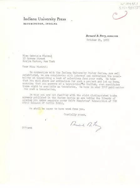 [Carta] 1955 oct. 21, [Bloomington, Indiana, Estados Unidos] [a] Gabriela Mistral, Roslyn Harbor, New York, [Estados Unidos]  [manuscrito] Bernard B. Perry.