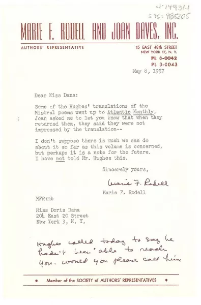 [Carta] 1957 may 8, [New York, Estados Unidos] [a] Doris Dana, New York, [Estados Unidos]  [manuscrito] Marie F. Rodell.
