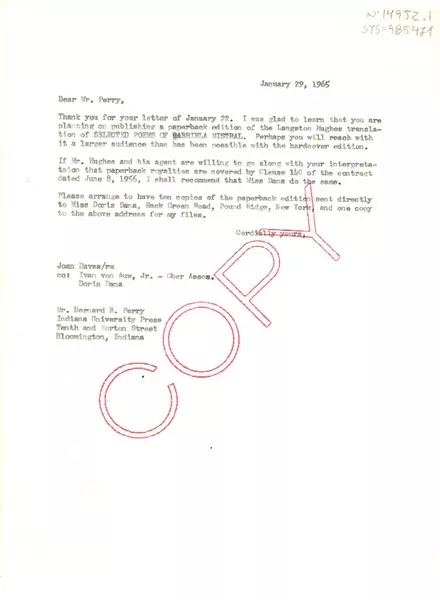 [Carta] 1965 jan. 29, [Estados Unidos] [a] Bernard B. Perry, con copia a Doris Dana, Bloomington, Indiana, [Estados Unidos]  [manuscrito] Joan Daves.