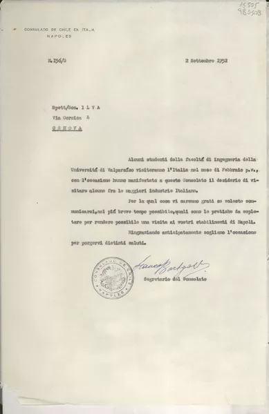 [Oficio] N° 156G, 1952 sett. 2, Nápoles, Italia [al] Spett/Soc. ILVA, Via Corsica 4, Genova, [Italia]  [manuscrito] / Franco Barbagallo, Segretario del Consolato.