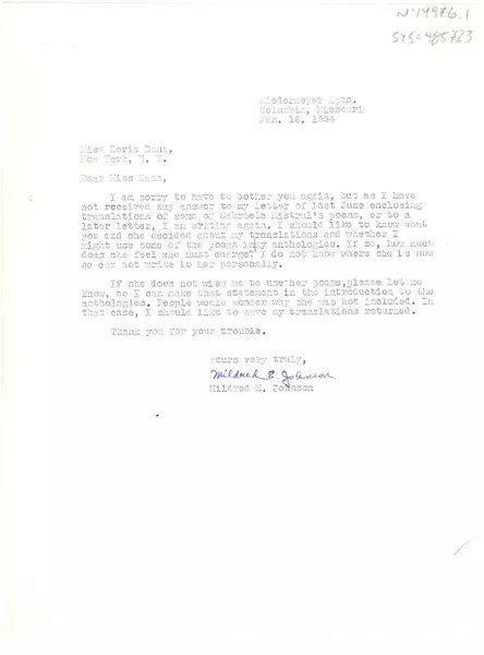 [Carta] 1954 jan. 16, Columbia, Missouri, [a] Doris Dana, New York, [Estados Unidos]  [manuscrito] Mildred E. Johnson.