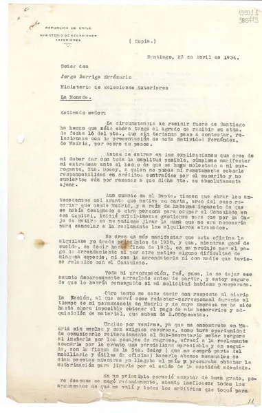 [Carta] 1934 abr. 23, Santiago, [Chile] [a] Señor don Jorge Barriga Errázuriz, Ministerio de Relaciones Exteriores, La Moneda  [manuscrito] Víctor Domingo Silva.
