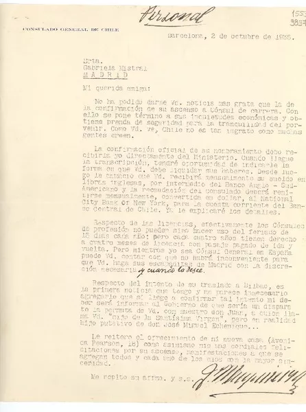 [Carta] 1935 oct. 2, Barcelona, España [a] Srta. Gabriela Mistral, Madrid  [manuscrito]