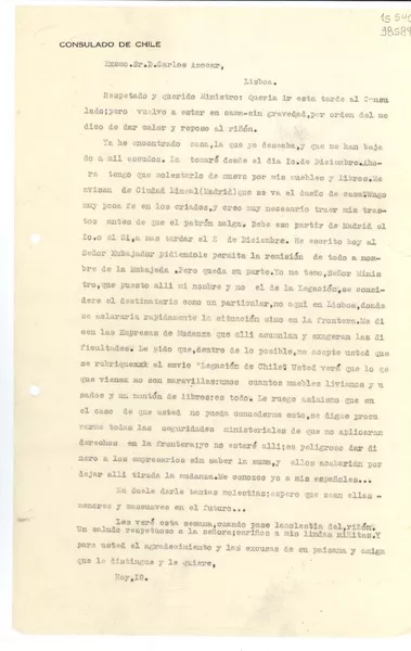 [Carta] [1935] Lisboa, [Portugal] [a] Excmo. Sr. D. Carlos Azócar  [manuscrito] Gabriela Mistral.