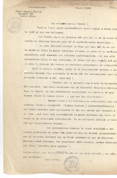 [Carta] 1945 ene. 3, [Brasil] [a] Señor Manuel Olarra, Tacuarí 328, Buenos Aires  [manuscrito] Gabriela Mistral.