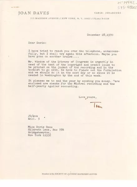 [Carta] 1970 dec. 28, [New York, Estados Unidos] [a] Doris Dana, Bridgehampton, New York, [Estados Unidos]  [manuscrito] Joan [Daves].