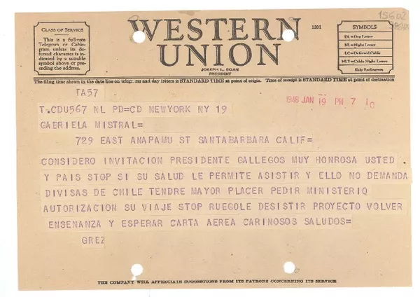 [Telegrama] 1948 ene. 19, New York, [Estados Unidos] [a] Gabriela Mistral, Santa Bárbara, Cal.  [manuscrito] Alfonso Grez.