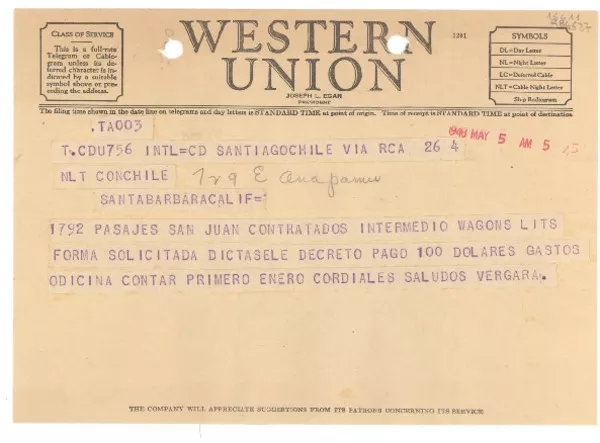 [Telegrama] 1948 May 5, Santiago, Chile [al] Con. Chile, Santa Barbara, Calif., [EE.UU.]  [manuscrito] [Germán] Vergara.