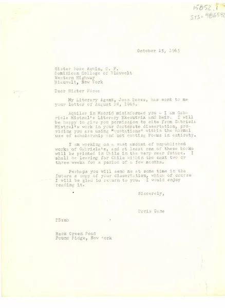 [Carta] 1965 oct. 15, Pound Ridge, New York, [Estados Unidos] [a] sister. Rose Aquin, o.p., Blauvelt, New York, [Estados Unidos]  [manuscrito] Doris Dana.
