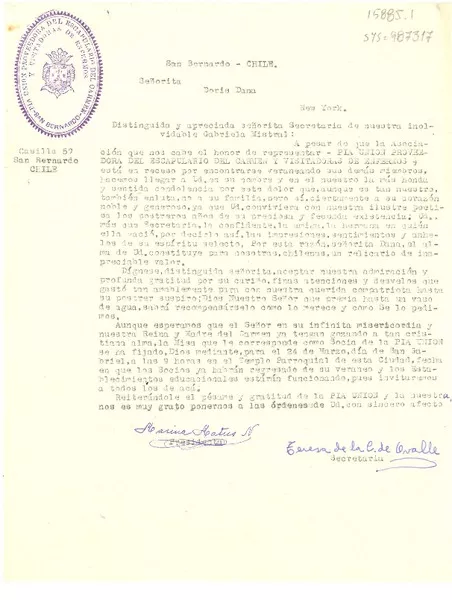 [Carta] [1957 ene.?], San Bernardo, Chile[a] Doris Dana, New York, [Estados Unidos].  [manuscrito] Mariana Matus N., Teresa de la C. de Ovalle.