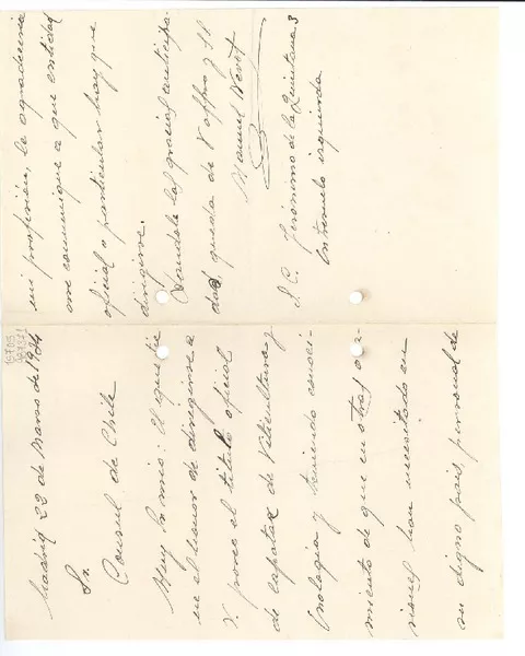 [Carta] 1924 mar. 22, Madrid, [España] [a] Sr. Cónsul de Chile  [manuscrito] Manuel Nevot.