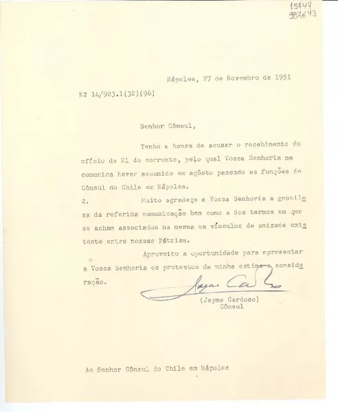 [Carta] 1951 nov. 27, Nápoles, [Italia] [a] Senhor Consul do Chile en Nápoles  [manuscrito] Jayme Cardoso.