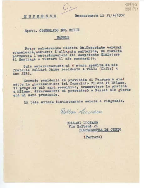 [Carta] 1952 apr. 17, Buenacompra, [Italia] [a] Consolato del Chile, Napoli  [manuscrito] Collari Luciano.