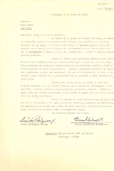 [Carta] 1957 ene. 21, Santiago, Chile [a] Doris Dana, New York, Estados Unidos]  [manuscrito] Lucía Rodríguez Moraga, Teresa Sepúlveda Barrientos.