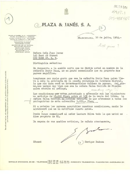 [Carta] 1964 jul. 10, Barcelona, [España] [a] Joan Daves, New York, [Estados Unidos]  [manuscrito] Enrique Badosa.