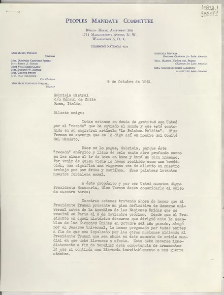 [Carta] 1951 oct. 8, Washington D. C., [Estados Unidos] [a] Gabriela Mistral, Cónsul de Chile, Roma, Italia  [manuscrito] Consuelo Reyes C.