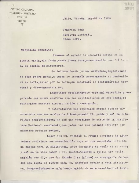 [Carta] 1953 mayo 31, Vicuña, [Chile] [a] Señorita Gabriela Mistral, Nueva York  [manuscrito] Sergio Retamales F.