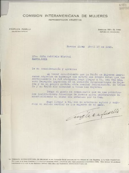 [Carta] 1946 abr. 17, Buenos Aires, [Argentina] [a] Sta. Gabriela Mistral, Nueva York  [manuscrito] Angélica Fuselli.