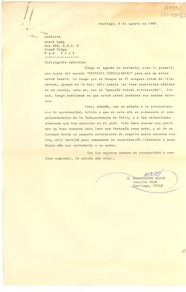 [Carta] 1960 ago. 8, Santiago, Chile [a] Doris Dana, New York, [Estados Unidos]  [manuscrito] H. Waddington Bravo.