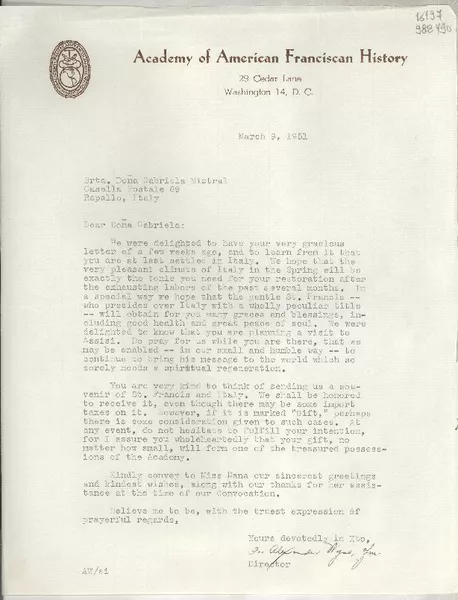 [Carta] 1951 Mar. 9, Washington D. C., [Estados Unidos] [a] Srta Doña Gabriela Mistral, Casella Pstale 69, Rapallo, Italy  [manuscrito] Alexander Wyse.