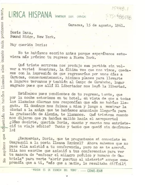 [Carta] 1961 ago 15, Caracas, [Venezuela] [a] Doris Dana, New York, [Estados Unidos]  [manuscrito] Connie Jean.