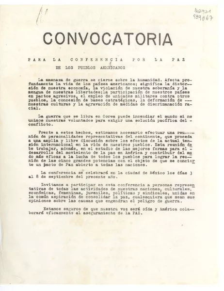 Convocatoria : para la Conferencia por la Paz de los Pueblos Americanos [manuscrito]