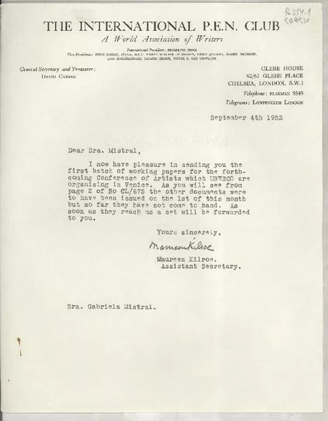 [Carta] 1954 janv. 12, Paris, [France] [a] [Gabriela Mistral]  [manuscrito] Jean Larnaud, Secrétaire Général.