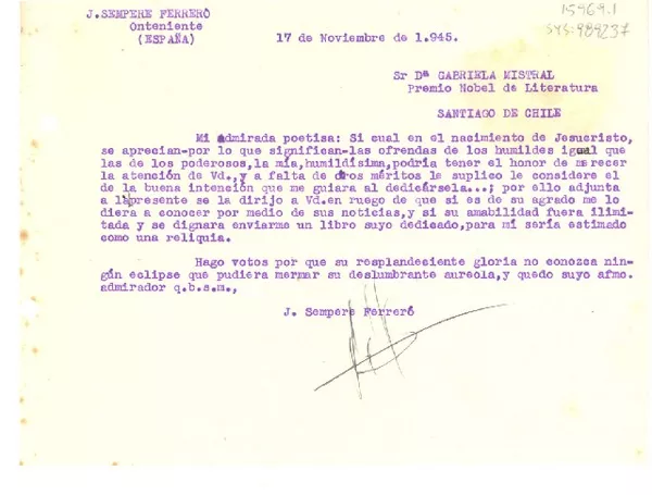 [Carta] 1945 nov. 17, Onteniente, España [a] Gabriela Mistral, Santiago, Chile  [manuscrito] J. Sempere Ferreró.