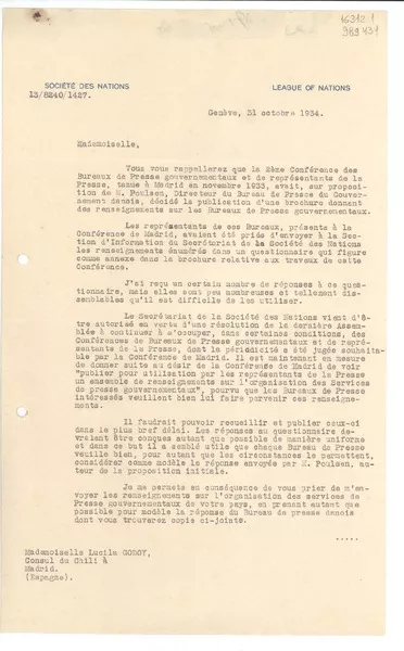 [Carta] 1934 oct. 31, Genéve, [Suiza] [a] Mademoiselle Lucila Godoy, Consul du Chili á Madrid  [manuscrito] A. Pelt, Directeur.