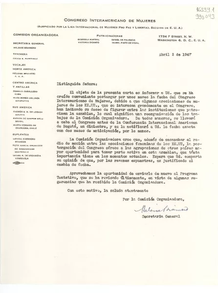 [Carta] 1947 abr. 3, Washington D. C., [Estados Unidos] [a] Distinguida Señora  [manuscrito] Heloise Brainerd, Secretaria General.