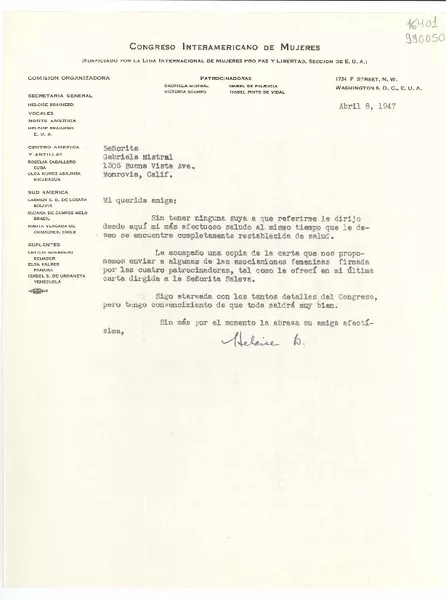 [Carta] 1947 abr. 8, Washington D. C., [Estados Unidos] [a] Señorita Gabriela Mistral, 1305 Buena Vista Ave., Monrovia, Calif.  [manuscrito] Heloise Brainerd.