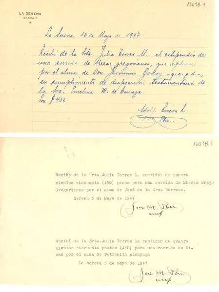 [Recibos] 1947 , La Serena, [Chile] [a] Julia Torres Molina  [manuscrito]