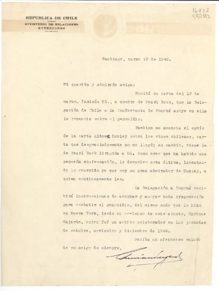 [Carta] 1948 mar. 19, Santiago, [Chile] [a] Mi querida y admirada amiga  [manuscrito] Germán Vergara.