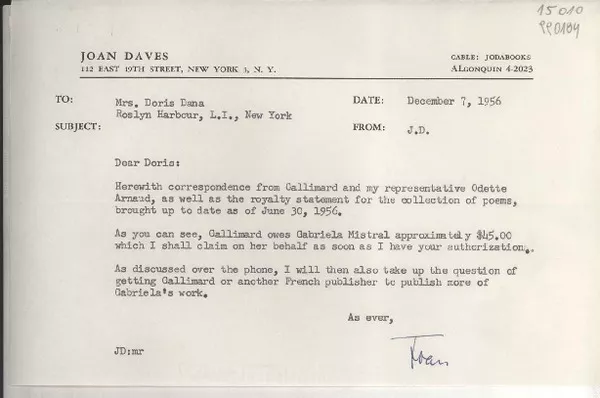 [Carta] 1956 Dec. 7, Joan Daves, 112 East 19th Street, New York 3, N. Y., [EE.UU.] [a] Mrs. Doris Dana, Roslyn Harbour, L. I., New York, [EE.UU.]  [manuscrito] Joan Daves.