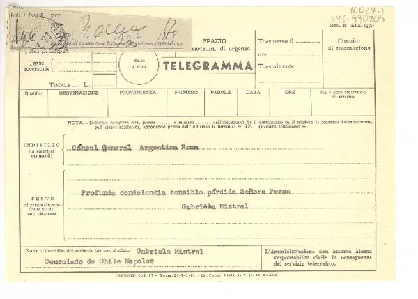 [Telegrama] 1952 jul. 28, Consulado de Chile, Nápoles, [Italia] [a] [Fernando A. Requena], Cónsul General Argentina, Roma, [Italia]  [manuscrito] Gabriela Mistral.