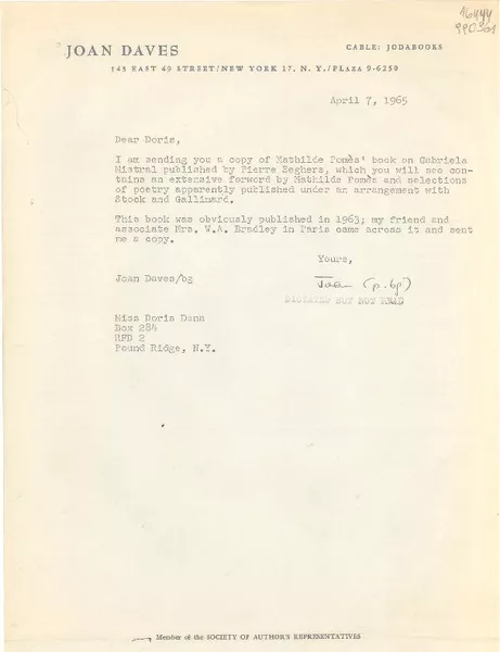 [Carta] 1965 Apr. 7, 145 East 49th Street, New York 17, N. Y., [EE.UU.] [a] Miss Doris Dana, Box 284, RFD 2, Pound Ridge, N. Y., [EE.UU.]  [manuscrito] Joan Daves.