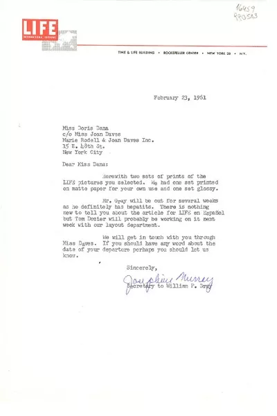 [Carta] 1961 Feb. 23, Life, Time & Life Building, Rockefeller Center, New York 20, N. Y., [EE.UU.] [a] Miss Doris Dana, co Miss Joan Daves, Marie Rodell and Joan Daves Inc., 15 E. 48th St., New York City, [EE.UU.]  [manuscrito] / Josephine Murray, Secretary to William P. Gray.