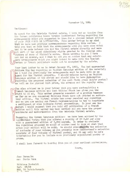 [Carta] 1964 Nov. 13, [EE.UU.] [a] Editions Rombaldi, [France]  [manuscrito] Joan Daves.