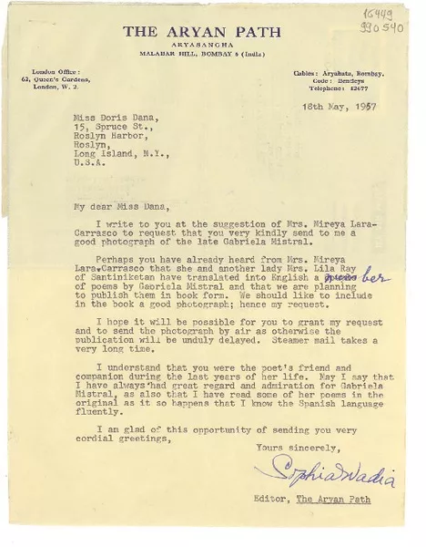 [Carta] 1957 May 18, Bombay, India [a] Miss Doris Dana, 15 Spruce St., Roslyn Harbor, Long Island, N. Y.  [manuscrito] Sophia Wadia.
