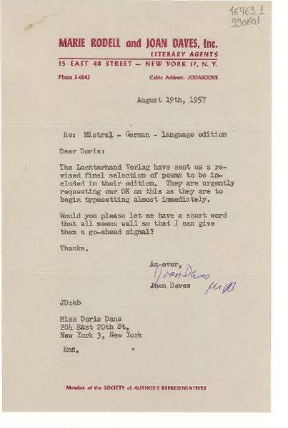 [Carta] 1957 Aug. 19, New York, [Estados Unidos] [a] Miss Doris Dana, 204 East 20th St., New York  [manuscrito] Joan Daves.