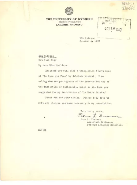 [Carta] 1949 Oct. 4, [Laramie, Wyoming, Estados Unidos] [a] Ann Watkins, 77 Park Avenue, New York City  [manuscrito] Edna L. Furness.