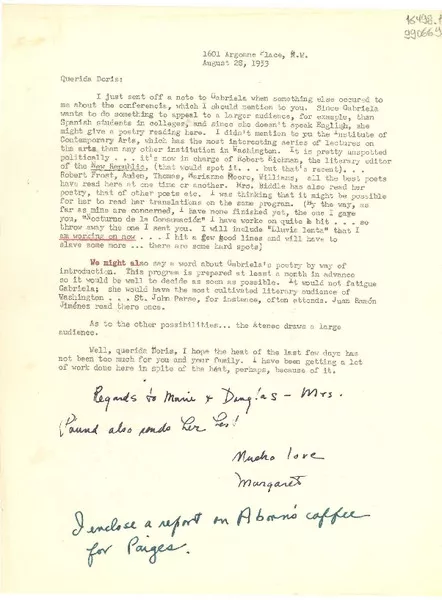 [Carta] 1953 Aug. 28, [Estados Unidos] [a] Querida Doris  [manuscrito] Margaret Bates.
